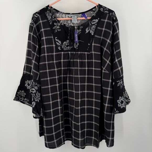 Catherines Blouse Size 2XWP (22/24WP) NWT Georgette B&W Plaid Floral Bell Sleeve - Picture 13 of 13